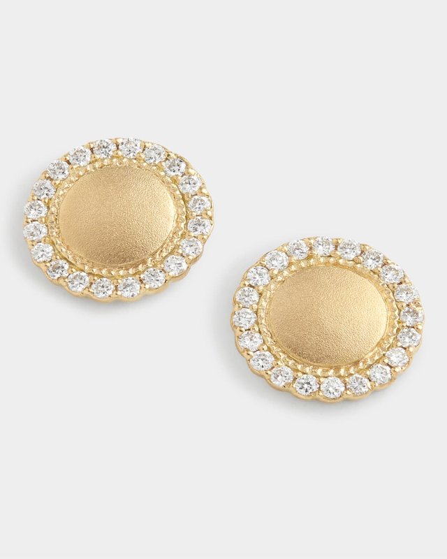 Yellow Gold Scalloped Stud Earrings with White Diamond Edge